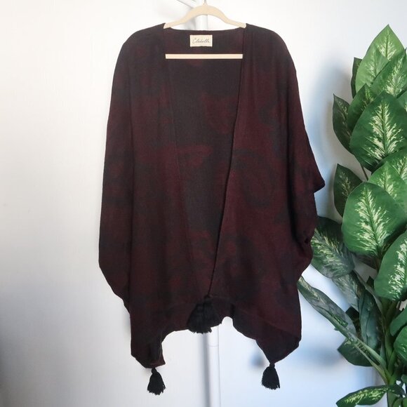 𝅺Cleobella Burgundy & Black Tassel Cape / Wrap / Scarf from Rachel Zoe St… - Picture 7 of 13